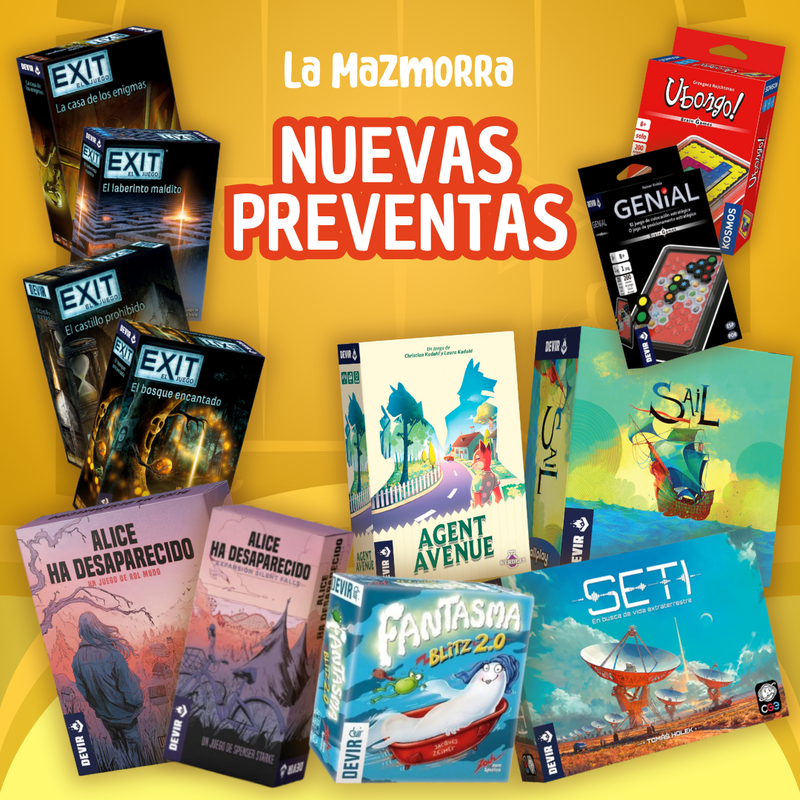 Preventas Juegpos de Mesa Devir Fantasma Blitz 2.0, SETI, Agent Avenue, Genial Brain Game, Ubongo Brain Game, Sail, Exit El Laberinto Maldito, Exit El bosque Encantado, Exit El Castillo Prohíbido, Exit La Casa de los Enigmas, Alice Expansión